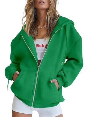 Women's Green Long Sleeve Pockets Fall Zip Up Hoodies Sweatshirts Track Jackets